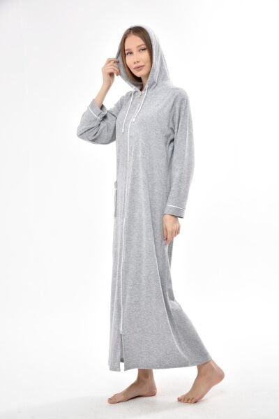3106 Likapa Fermuarlı Uzun Kapüşonlu Havlu Elbise GRİ - 4XL
