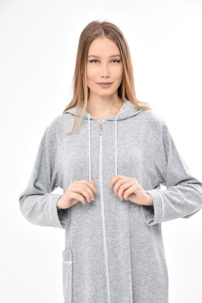 3106 Likapa Fermuarlı Uzun Kapüşonlu Havlu Elbise GRİ - 4XL