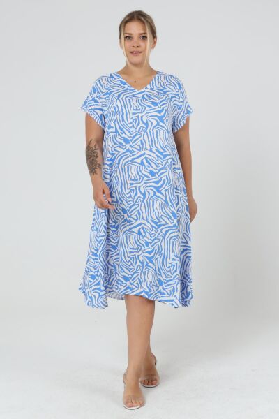 Likapa Yazlık Büyük Beden Viskon  V Yaka Kısa Kol Elbise 2688 Mavi - 2XL