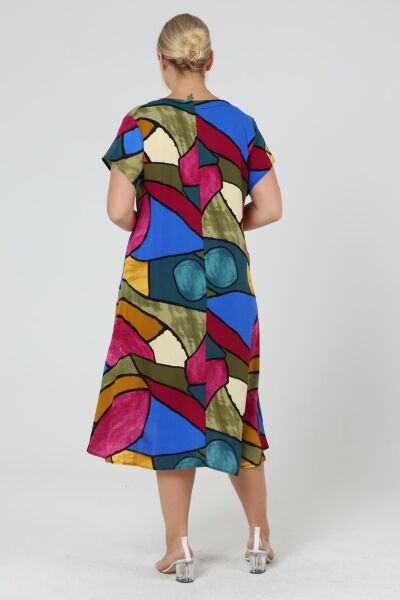 Likapa Yazlık Büyük Beden Viskon  V Yaka Kısa Kol Elbise 2688 Hardal - XL