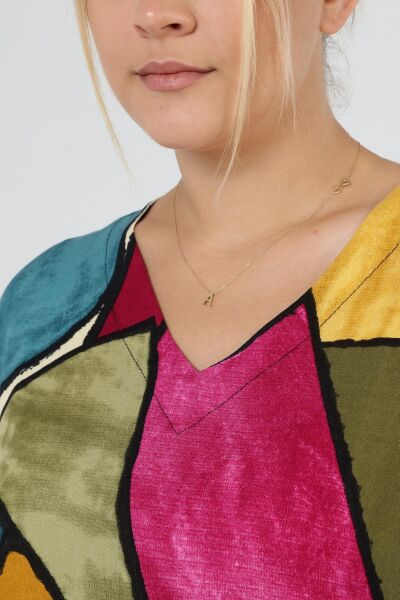 Likapa Yazlık Büyük Beden Viskon  V Yaka Kısa Kol Elbise 2688 Hardal - 2XL