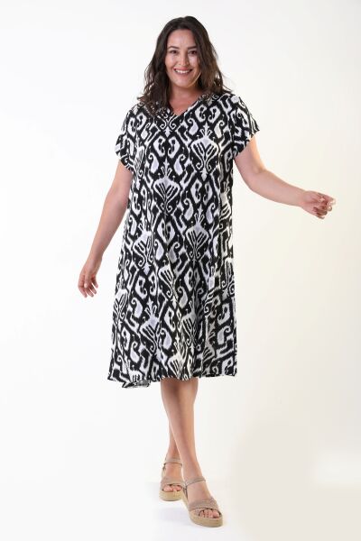 Likapa Yazlık Büyük Beden Viskon  V Yaka Kısa Kol Elbise 2688 SİYAH - XL