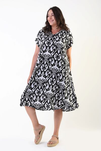 Likapa Yazlık Büyük Beden Viskon  V Yaka Kısa Kol Elbise 2688 SİYAH - XL