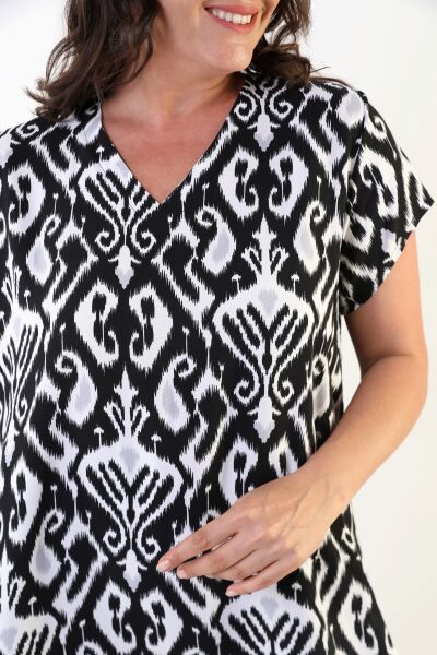 Likapa Yazlık Büyük Beden Viskon  V Yaka Kısa Kol Elbise 2688 SİYAH - 2XL