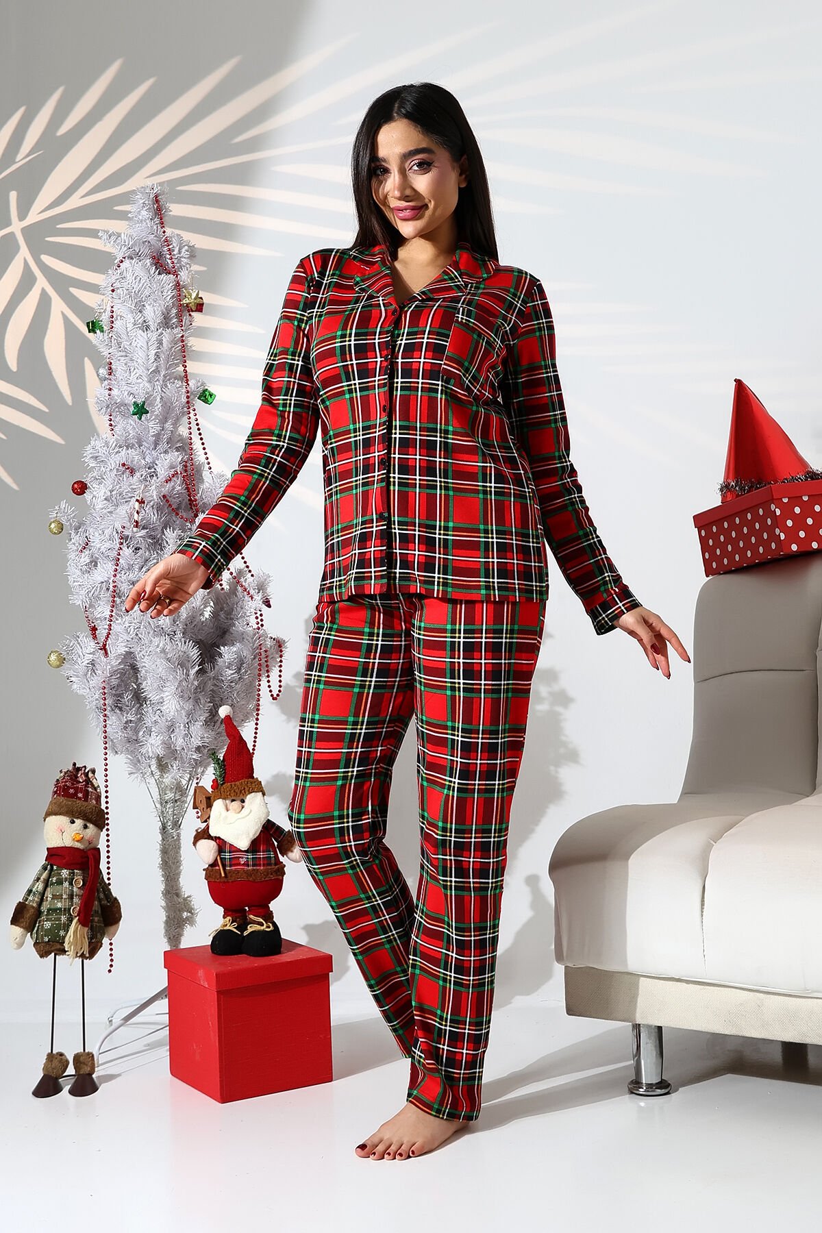 Likapa Penye Uzun Kol Pijama Takımı 001352-05 KIRMIZI EKOSE - 2XL