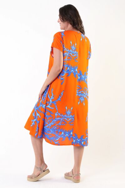 Likapa Yazlık Büyük Beden Viskon  V Yaka Kısa Kol Elbise 2688 TURUNCU DESENLİ - M