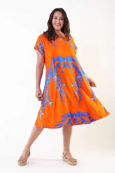 Likapa Yazlık Büyük Beden Viskon  V Yaka Kısa Kol Elbise 2688 TURUNCU DESENLİ - L