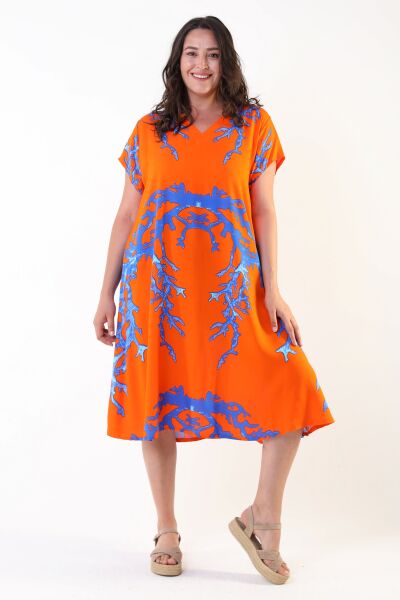 Likapa Yazlık Büyük Beden Viskon  V Yaka Kısa Kol Elbise 2688 TURUNCU DESENLİ - XL