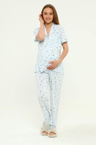 Önden Düğmeli Hamile Lohusa MEVSİMLİK KISA KOL PİJAMA TAKIMI Mavi - XL