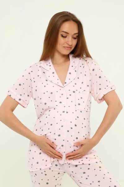 Önden Düğmeli Hamile Lohusa MEVSİMLİK KISA KOL PİJAMA TAKIMI Pembe Yıldız - M