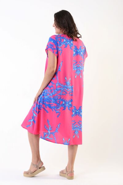 Likapa Yazlık Büyük Beden Viskon  V Yaka Kısa Kol Elbise 2688 Pembe - S