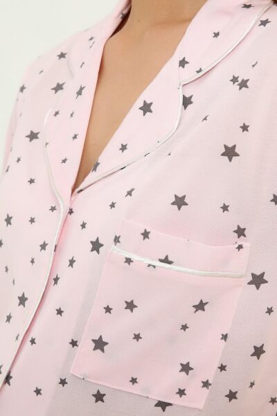 Önden Düğmeli Hamile Lohusa MEVSİMLİK KISA KOL PİJAMA TAKIMI Pembe Yıldız - L