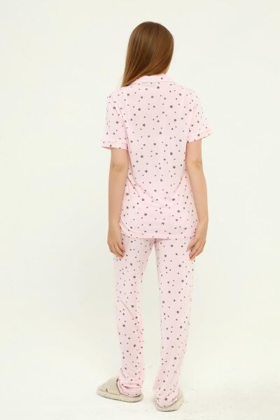 Önden Düğmeli Hamile Lohusa MEVSİMLİK KISA KOL PİJAMA TAKIMI Pembe Yıldız - L