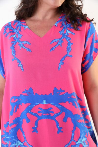 Likapa Yazlık Büyük Beden Viskon  V Yaka Kısa Kol Elbise 2688 Pembe - M