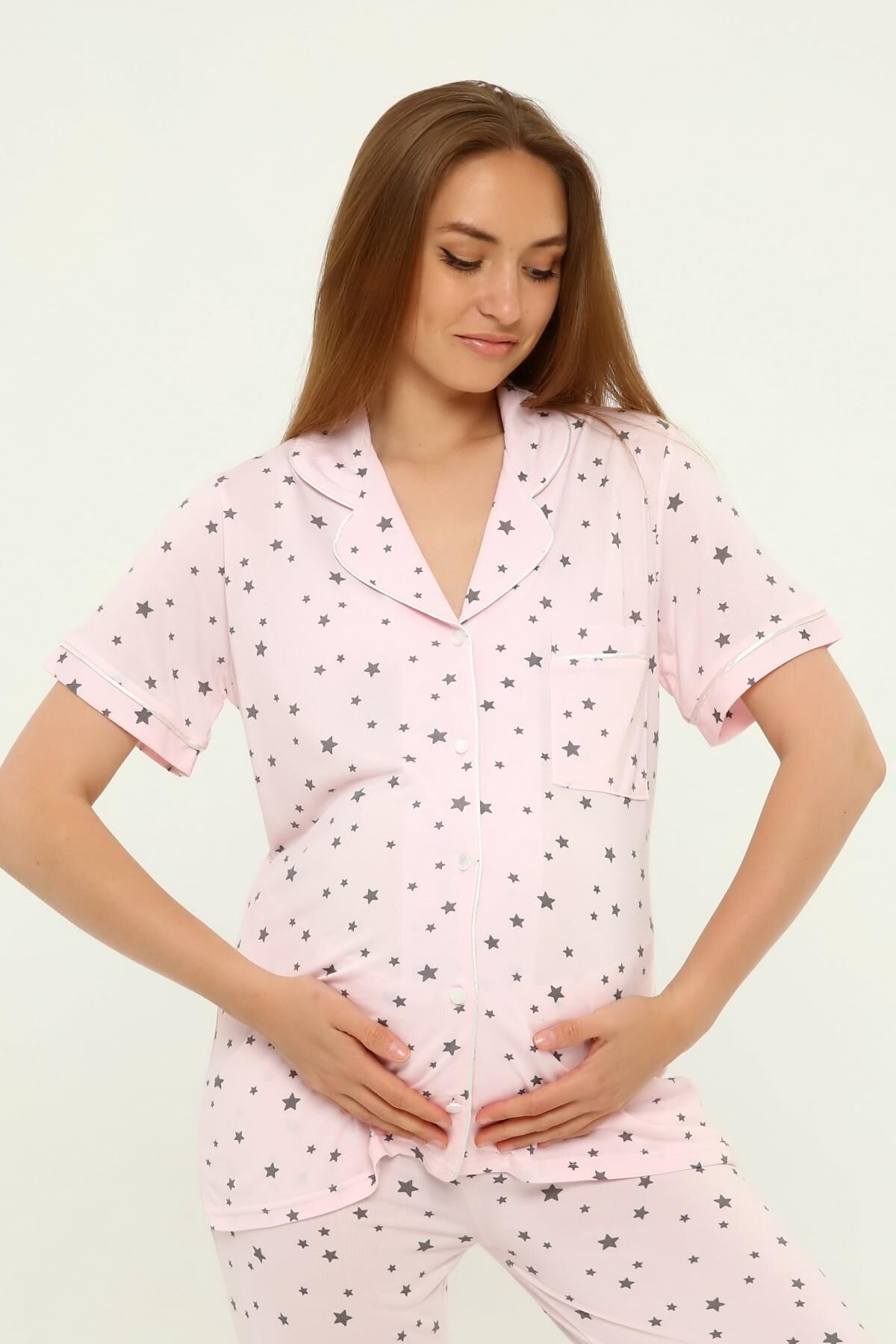 Önden Düğmeli Hamile Lohusa MEVSİMLİK KISA KOL PİJAMA TAKIMI Pembe Yıldız - XL