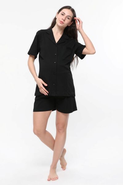 LİKAPA Penye Önden Düğmeli Hamile Lohusa Kısa Kol Şortlu Takımı SİYAH - M