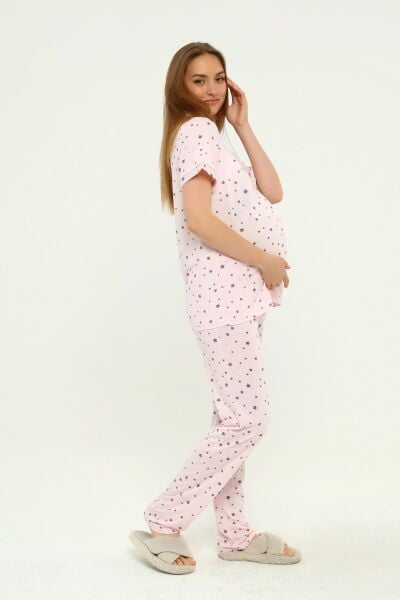 Önden Düğmeli Hamile Lohusa MEVSİMLİK KISA KOL PİJAMA TAKIMI Pembe Yıldız - 2XL