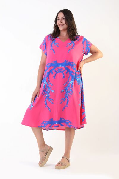 Likapa Yazlık Büyük Beden Viskon  V Yaka Kısa Kol Elbise 2688 Pembe - XL