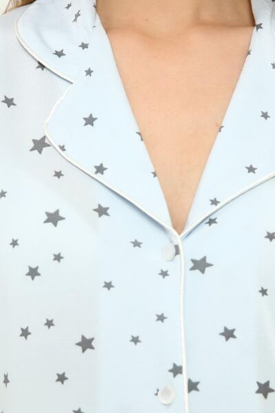 Önden Düğmeli Hamile Lohusa MEVSİMLİK KISA KOL PİJAMA TAKIMI MAVİ YILDIZ - M