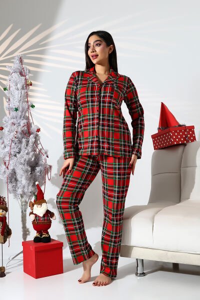 Likapashop ekose büyük beden kırmızı pijama takımı S - EKOSE 01