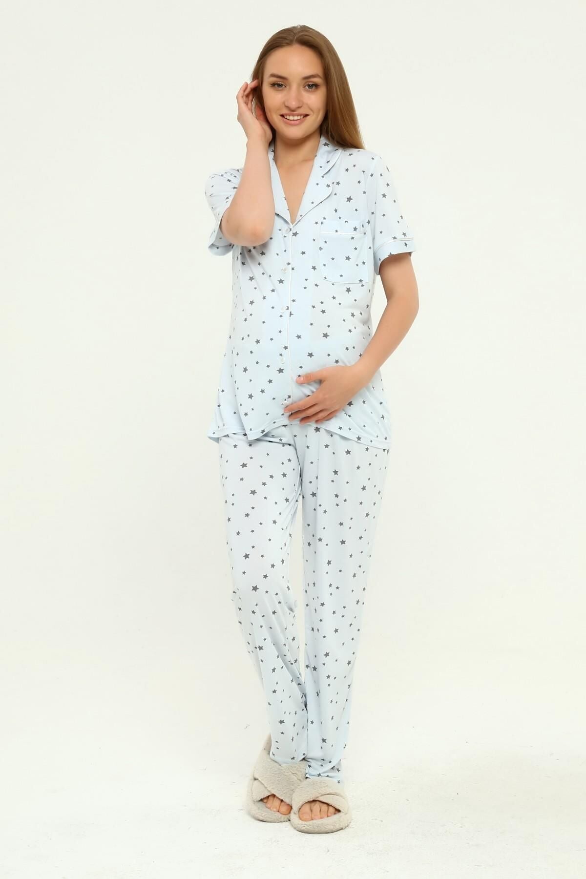 Önden Düğmeli Hamile Lohusa MEVSİMLİK KISA KOL PİJAMA TAKIMI MAVİ YILDIZ - XL
