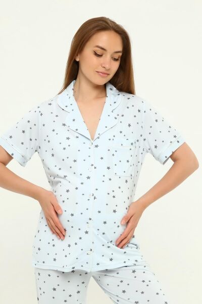 Önden Düğmeli Hamile Lohusa MEVSİMLİK KISA KOL PİJAMA TAKIMI MAVİ YILDIZ - XL