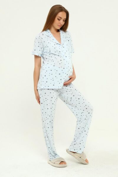 Önden Düğmeli Hamile Lohusa MEVSİMLİK KISA KOL PİJAMA TAKIMI MAVİ YILDIZ - XL