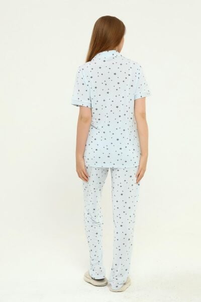 Önden Düğmeli Hamile Lohusa MEVSİMLİK KISA KOL PİJAMA TAKIMI MAVİ YILDIZ - XL