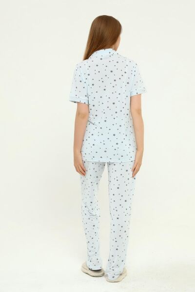 Önden Düğmeli Hamile Lohusa MEVSİMLİK KISA KOL PİJAMA TAKIMI MAVİ YILDIZ - 2XL