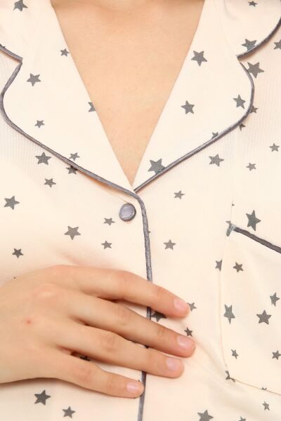Önden Düğmeli Hamile Lohusa MEVSİMLİK KISA KOL PİJAMA TAKIMI SOMON YILDIZ - M