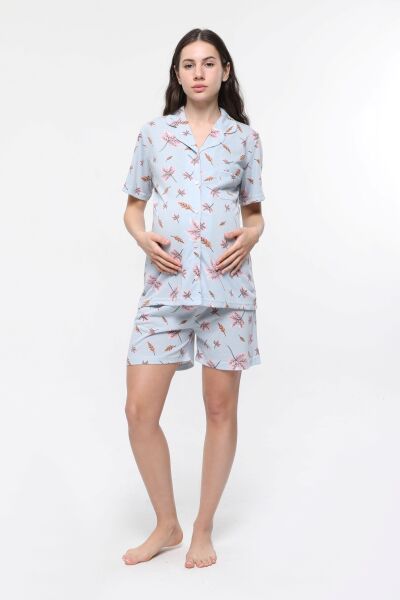 LİKAPA Penye Önden Düğmeli Hamile Lohusa Kısa Kol Şortlu Takımı MAVİ YAPRAK - L