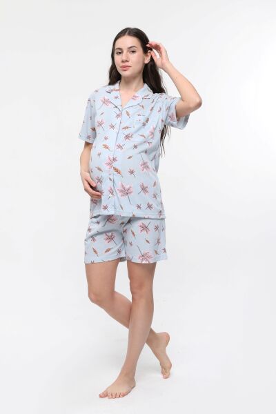 LİKAPA Penye Önden Düğmeli Hamile Lohusa Kısa Kol Şortlu Takımı MAVİ YAPRAK - L