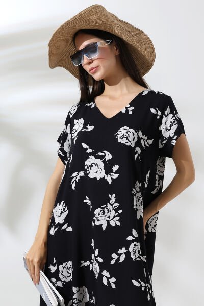 Likapa Yazlık Büyük Beden Viskon  V Yaka Kısa Kol Elbise 2688 EKRU ÇİÇEK - 2XL