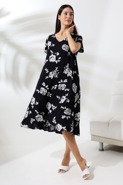 Likapa Yazlık Büyük Beden Viskon  V Yaka Kısa Kol Elbise 2688 EKRU ÇİÇEK - 2XL