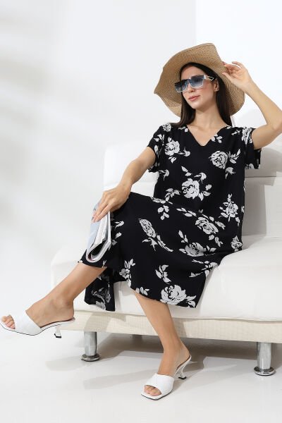 Likapa Yazlık Büyük Beden Viskon  V Yaka Kısa Kol Elbise 2688 EKRU ÇİÇEK - 2XL