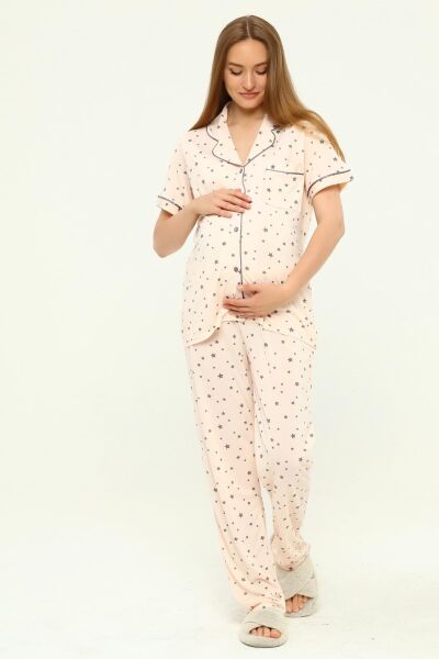 Önden Düğmeli Hamile Lohusa MEVSİMLİK KISA KOL PİJAMA TAKIMI SOMON YILDIZ - L