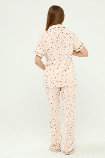 Önden Düğmeli Hamile Lohusa MEVSİMLİK KISA KOL PİJAMA TAKIMI SOMON YILDIZ - L