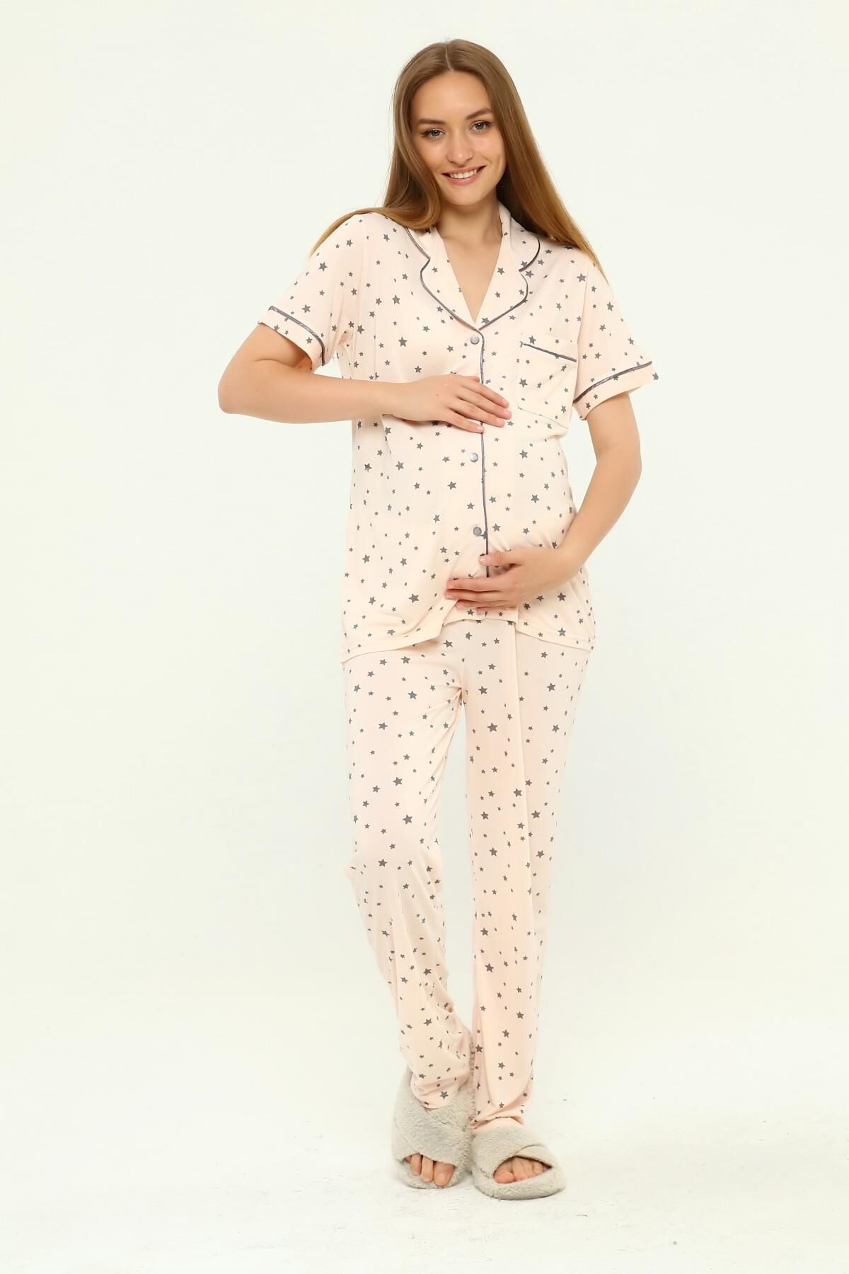 Önden Düğmeli Hamile Lohusa MEVSİMLİK KISA KOL PİJAMA TAKIMI SOMON YILDIZ - 2XL