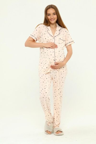Önden Düğmeli Hamile Lohusa MEVSİMLİK KISA KOL PİJAMA TAKIMI SOMON YILDIZ - 2XL