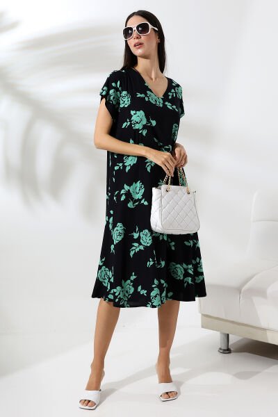 Likapa Yazlık Büyük Beden Viskon  V Yaka Kısa Kol Elbise 2688 YEŞİL ÇİÇEK - XL