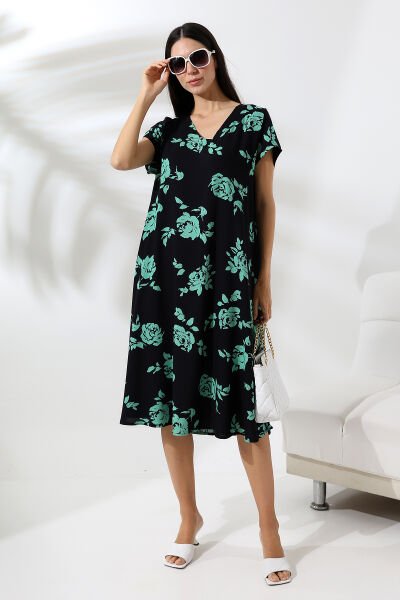Likapa Yazlık Büyük Beden Viskon  V Yaka Kısa Kol Elbise 2688 YEŞİL ÇİÇEK - 2XL