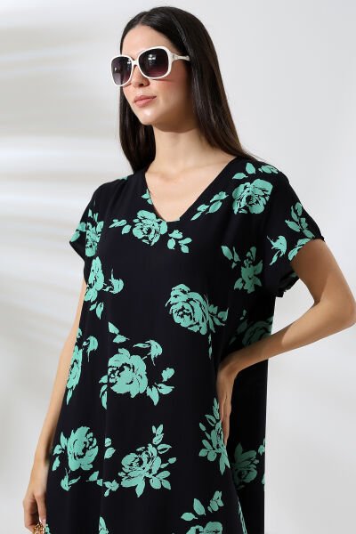 Likapa Yazlık Büyük Beden Viskon  V Yaka Kısa Kol Elbise 2688 YEŞİL ÇİÇEK - 2XL