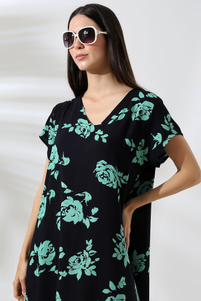 Likapa Yazlık Büyük Beden Viskon  V Yaka Kısa Kol Elbise 2688 YEŞİL ÇİÇEK - 2XL