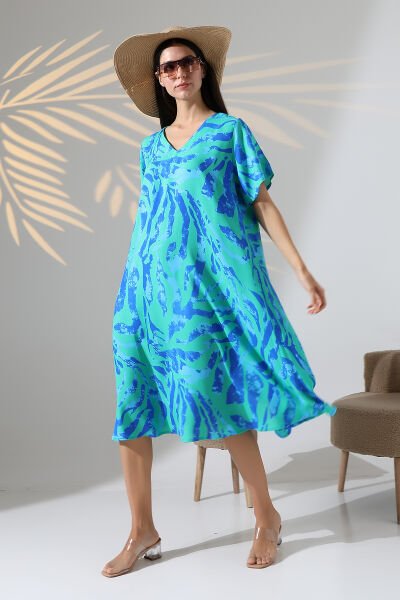 Likapa Yazlık Büyük Beden Viskon  V Yaka Kısa Kol Elbise 2688 AÇIK MAVİ DESENLİ - XL