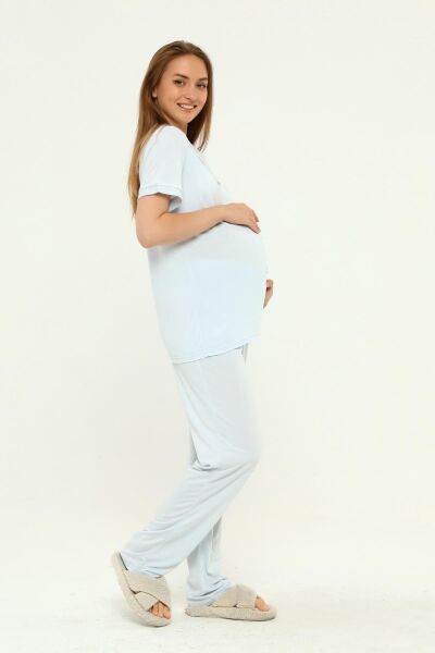 Önden Düğmeli Hamile Lohusa MEVSİMLİK KISA KOL PİJAMA TAKIMI Mavi - 2XL