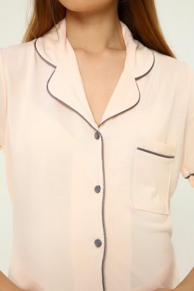 Önden Düğmeli Hamile Lohusa MEVSİMLİK KISA KOL PİJAMA TAKIMI SOMON - L