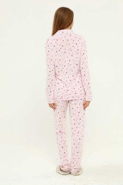 Önden Düğmeli Hamile Lohusa MEVSİMLİK UZUN KOL PİJAMA TAKIMI Pembe Yıldız - XL