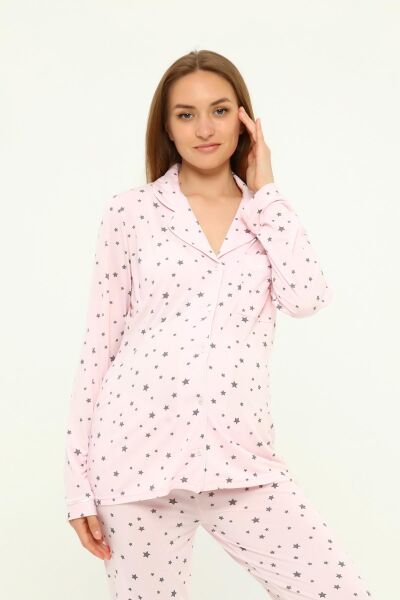Önden Düğmeli Hamile Lohusa MEVSİMLİK UZUN KOL PİJAMA TAKIMI Pembe Yıldız - 2XL