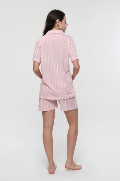 LİKAPA Penye Önden Düğmeli Hamile Lohusa Kısa Kol Şortlu Takımı Somon Çizgili - L