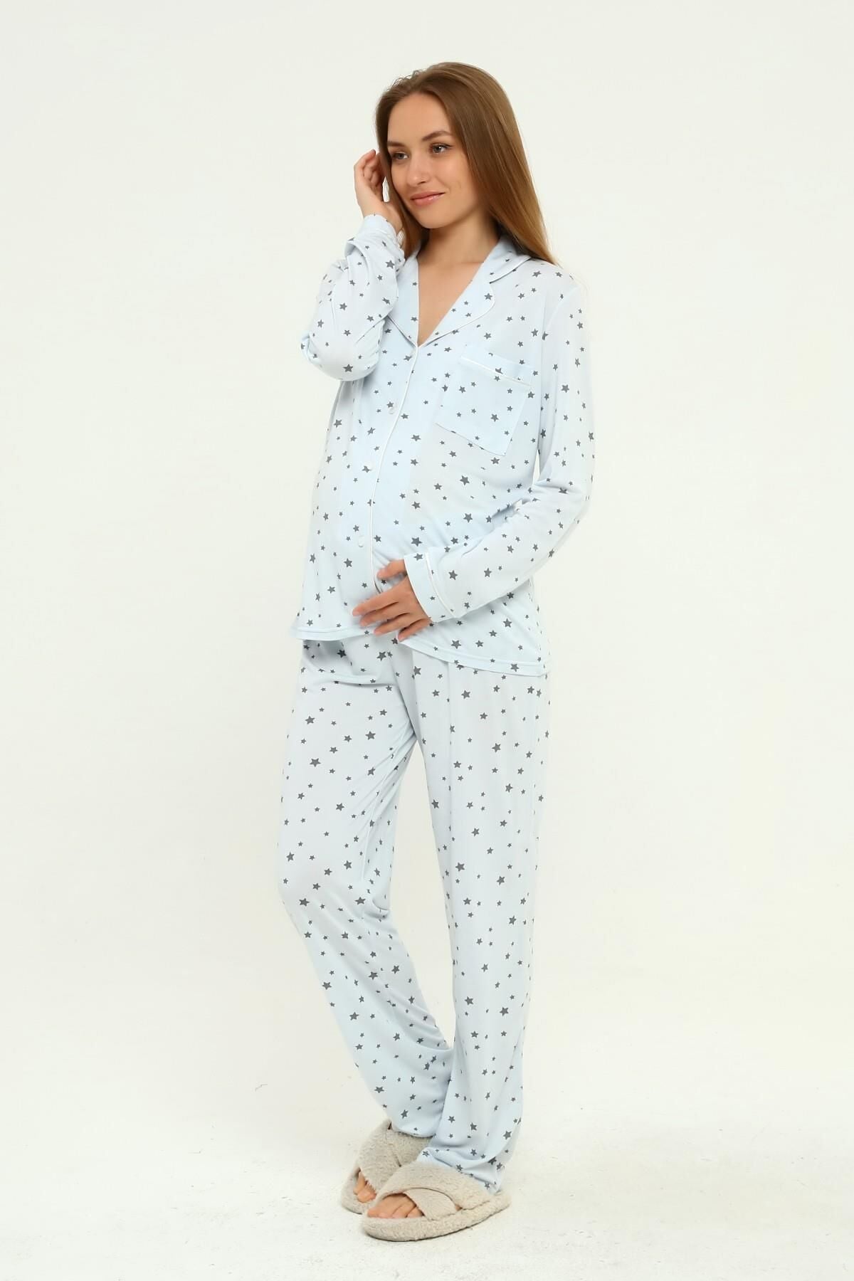 Önden Düğmeli Hamile Lohusa MEVSİMLİK UZUN KOL PİJAMA TAKIMI MAVİ YILDIZ - L